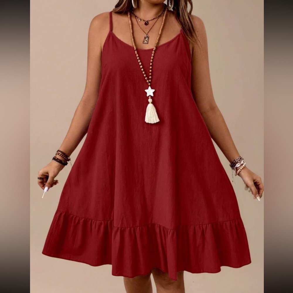 Burgundy Cotton Ruffle Hem Dress - Picture 2 of 15